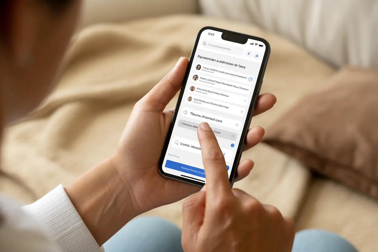 A person using a smartphone to search a directory for trauma-informed care providers.