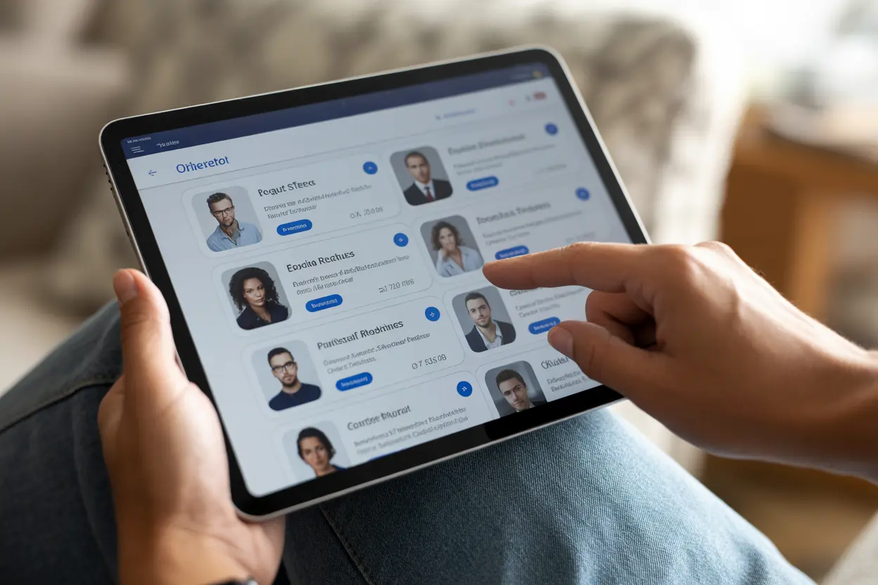 A person's hand pointing at a therapist's profile on a directory displayed on a tablet.