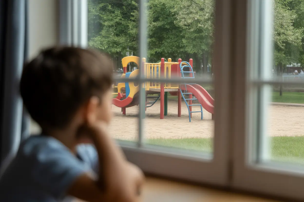A quiet classroom from a child's point of view, looking out the window at a sunny playground.
