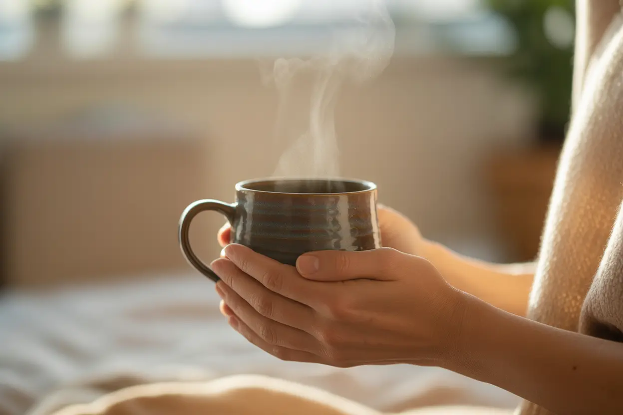 A person's hands holding a warm mug, symbolizing a moment of self-care and calm.