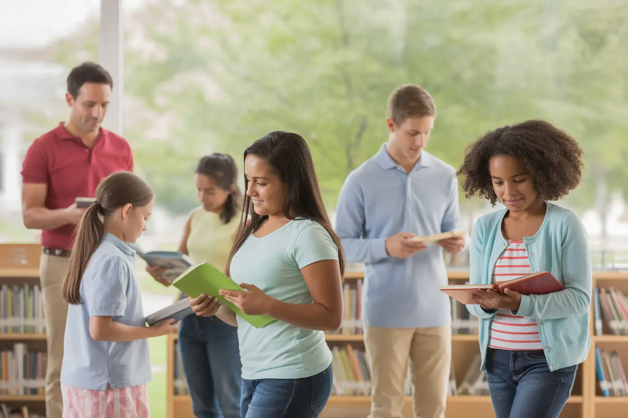 A diverse group of people of all ages feel calm and confident in a bright Indiana community park.
