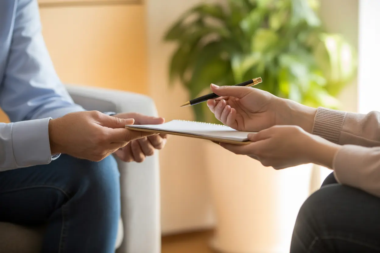 A therapist's hands offer a notepad to a patient, symbolizing the start of a supportive treatment plan in an Indiana office.