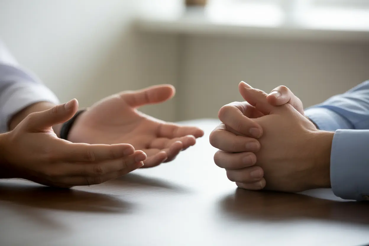 Two pairs of hands on a table during a therapy session, showing support and connection.