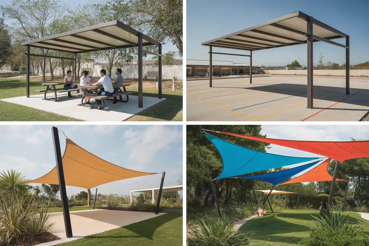 A photo collage of different rehab shade structures, including a hip-roof structure over a therapy group, a cantilever shade over a physical therapy area, and an artistic shade sail over a garden.