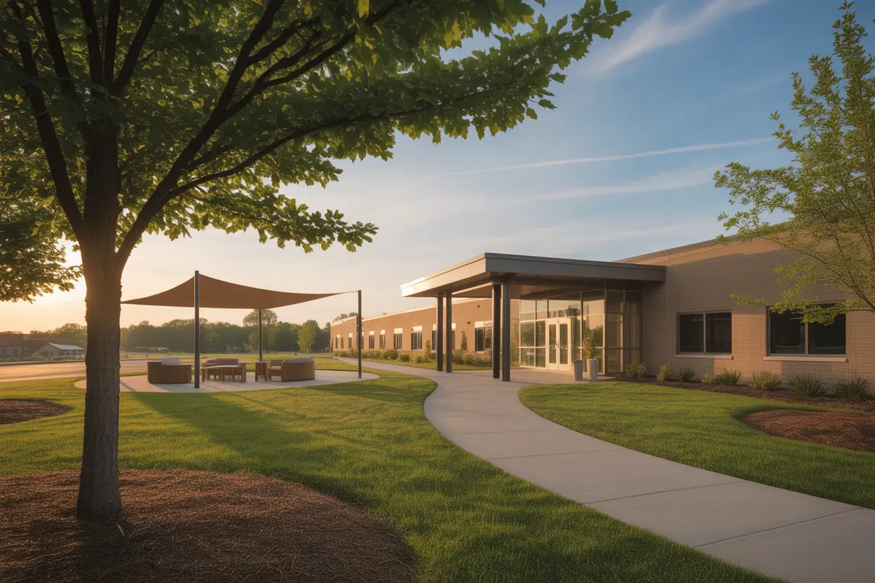 The inviting entrance of a modern rehabilitation center in Indiana, with a comfortable shaded seating area and peaceful surroundings.