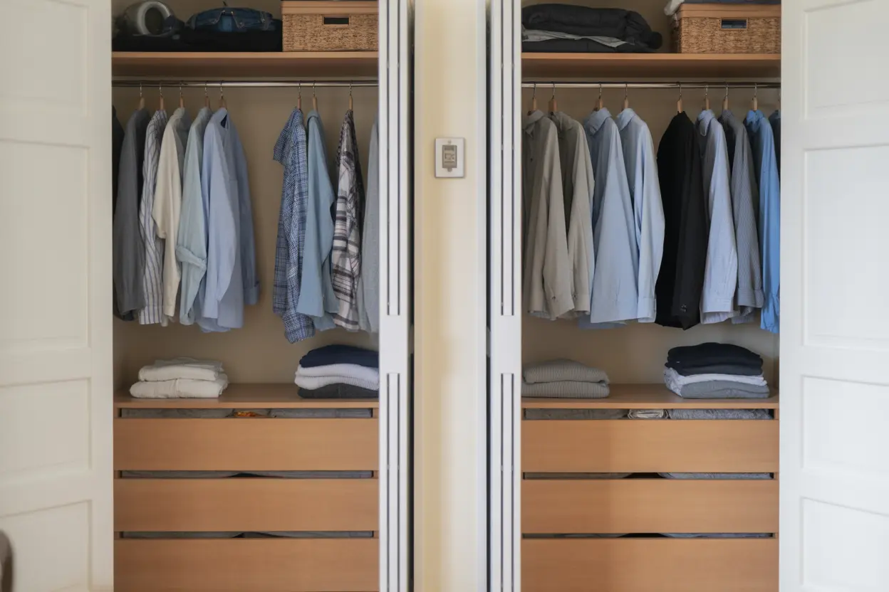 A neat and tidy shared room in a rehab facility with two separate closet areas.