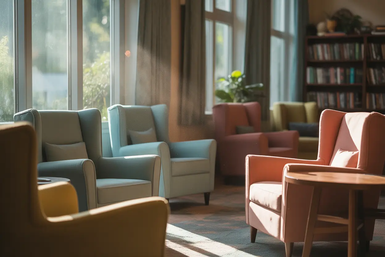 A quiet and peaceful common area in a rehab center, providing a space for reflection.