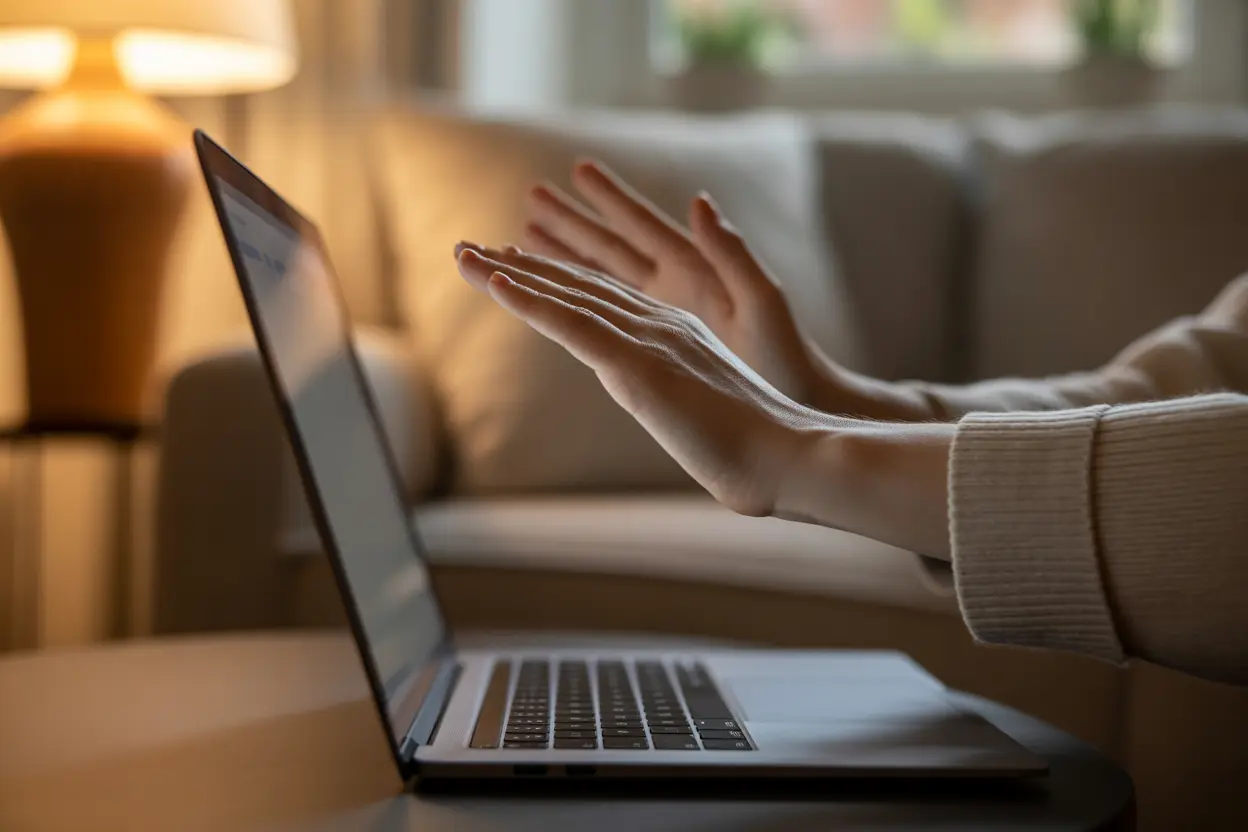 A person's hands closing a laptop in a cozy living room, symbolizing a decision to set boundaries with online shopping.