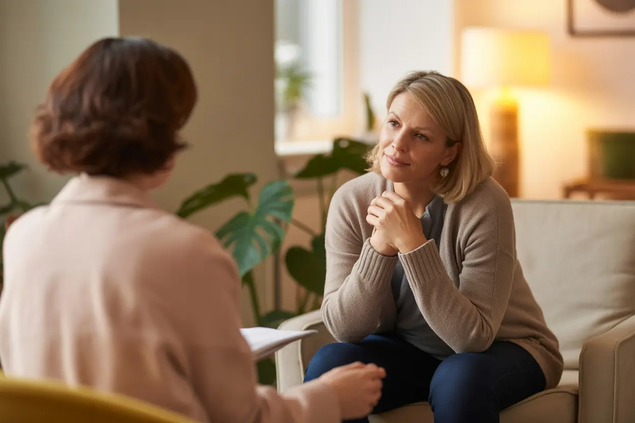 A compassionate therapy session where a client is actively listening to a therapist in a warm, professional setting.