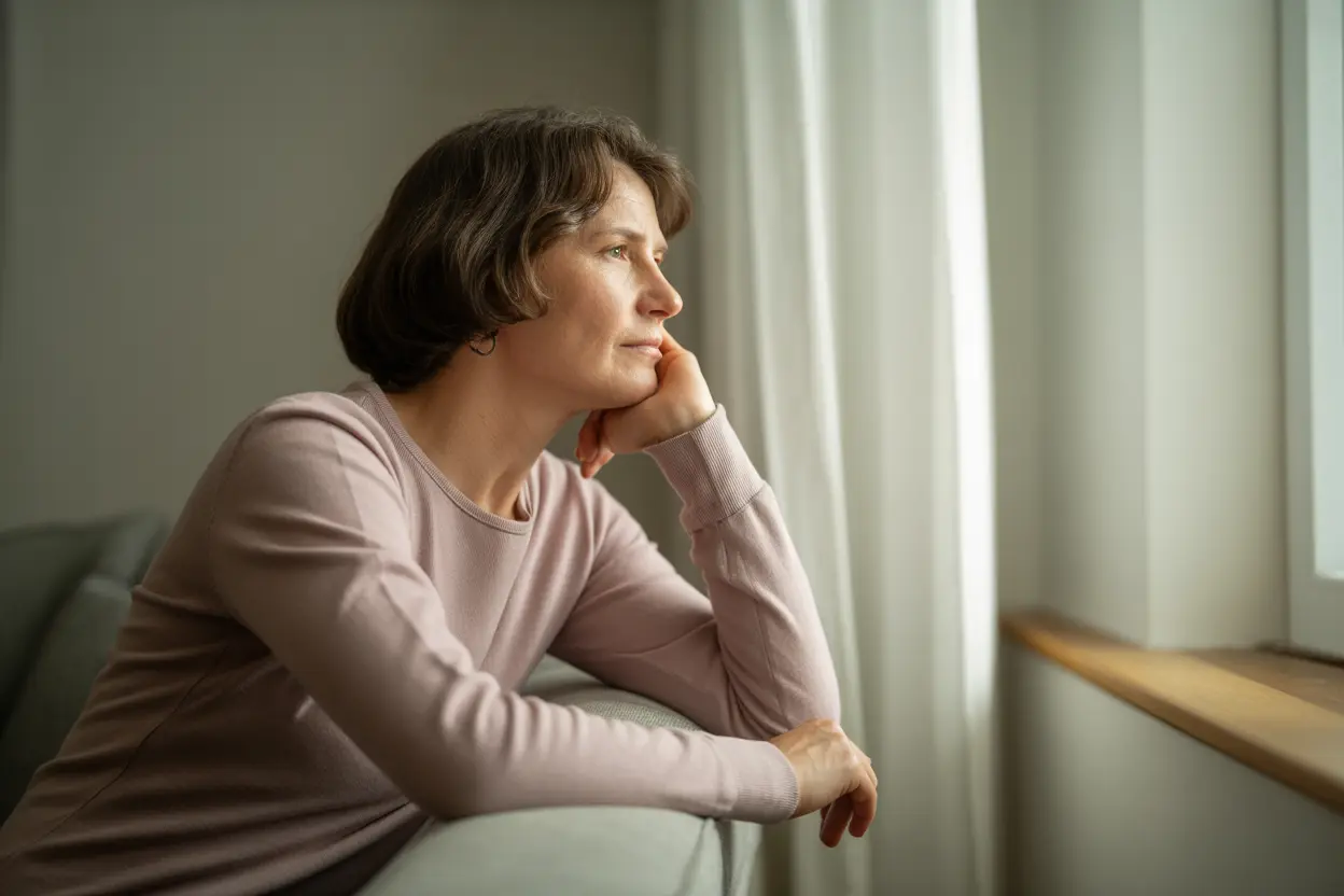 A person contemplates their future while looking out a window, thinking about their treatment options.