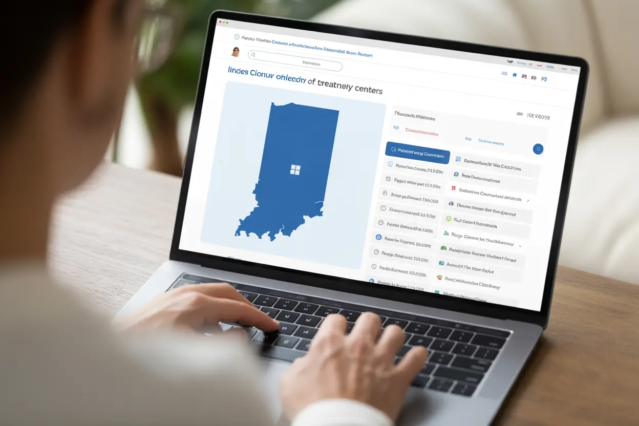 A person uses a laptop to search an online directory for Sinclair Method treatment centers in Indiana.