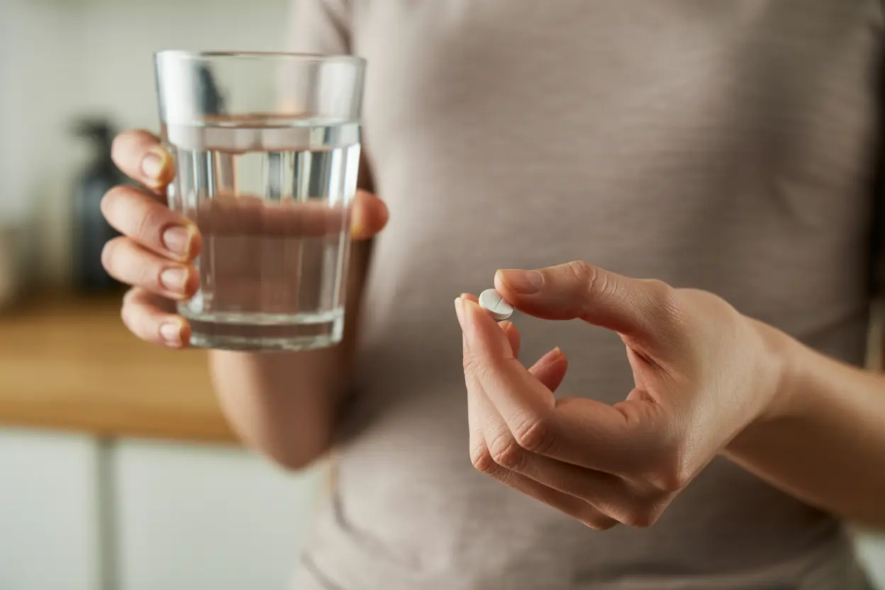 A person holds a naltrexone pill in one hand and a glass of water in the other, ready to take the medication.