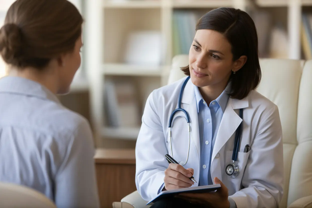 A compassionate female doctor listens with empathy to a patient in a bright, professional office.
