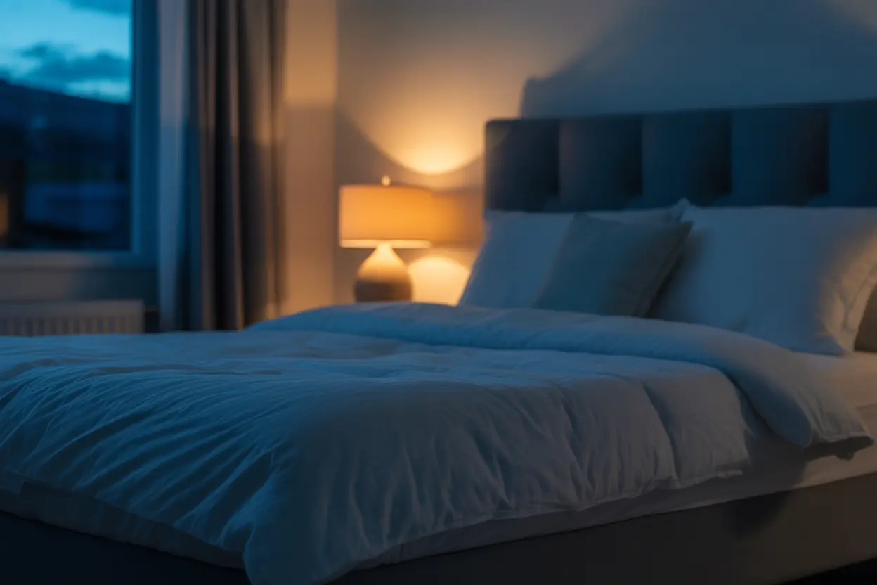 A serene bedroom at dusk with a neatly made bed and a warm lamp, creating a peaceful ambiance for sleep.