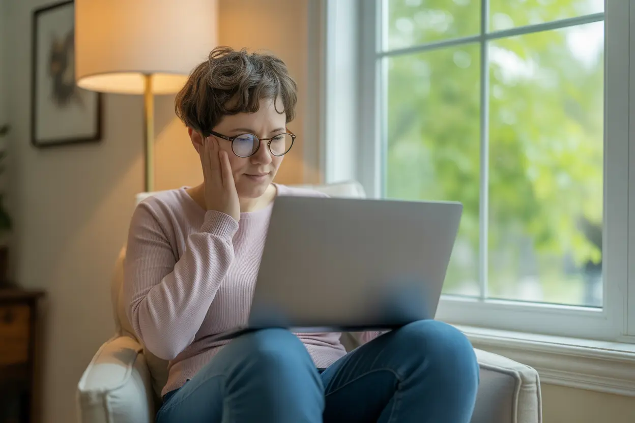 A person calmly researches addiction treatment options on a laptop in a comfortable, well-lit room.