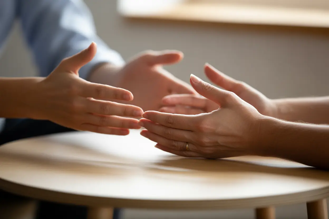 Two hands clasped in a supportive gesture over a wooden table, symbolizing empathy and financial help.