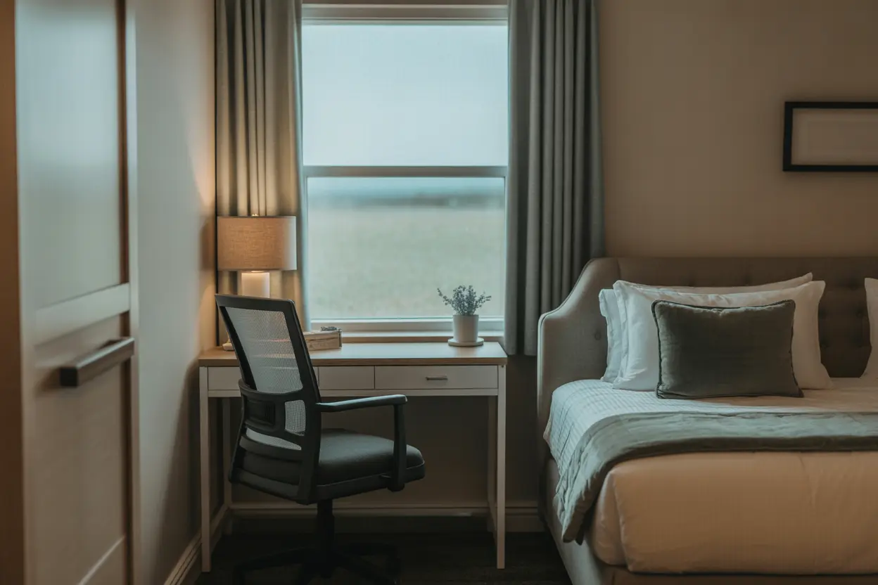 A peaceful and private room in a rehab facility, featuring a comfortable bed and a desk for reflection.