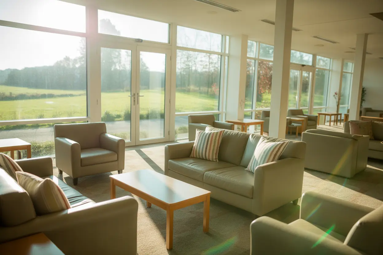 A bright, welcoming lounge area in a modern Indiana rehab center with comfortable seating and large windows.
