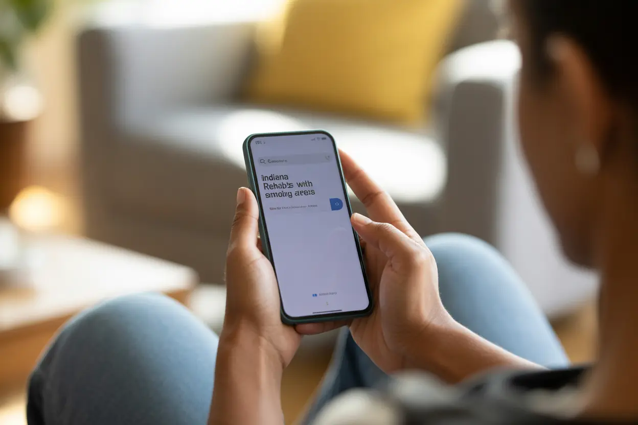 Person searching for 'Indiana rehabs with smoking areas' on a smartphone in a well-lit room.