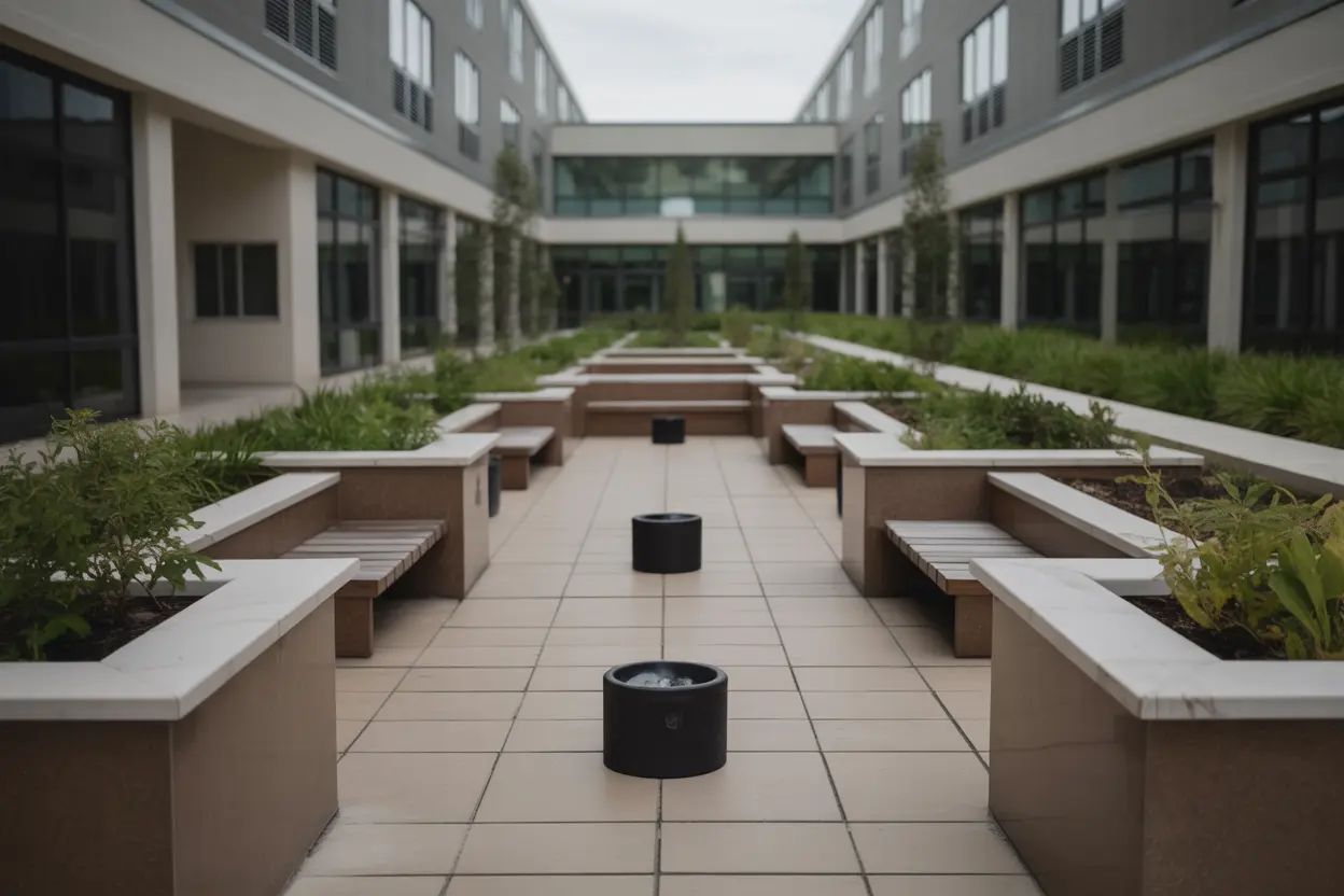 A peaceful and orderly outdoor smoking area at a modern rehab facility.