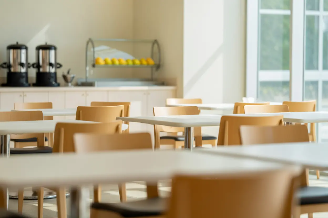 A bright, empty, and modern cafeteria in a rehab facility with clean tables and chairs.