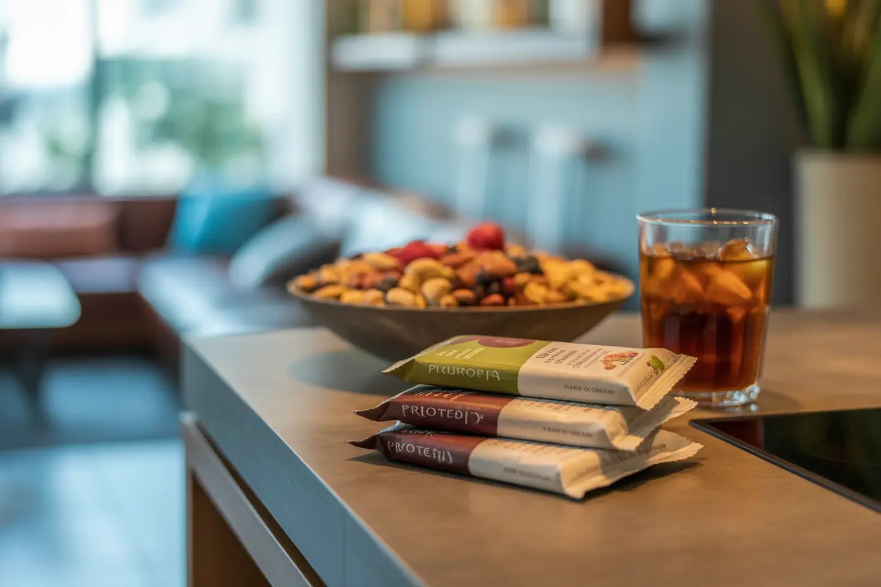 A close-up of healthy snacks including a bowl of nuts and fruit, protein bars, and iced tea on a wooden counter.