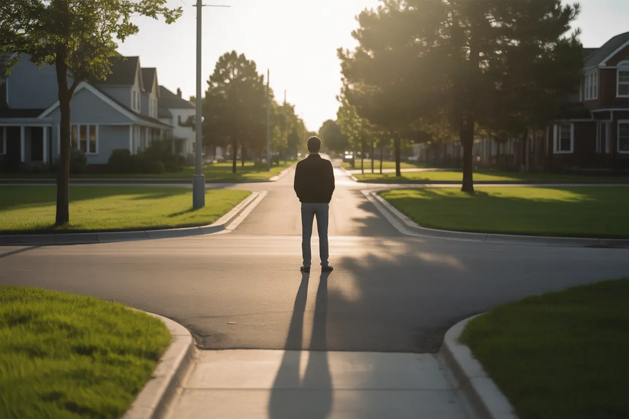 A person standing at a crossroads, symbolizing the choices faced in early sobriety and the need for a guiding sober companion.