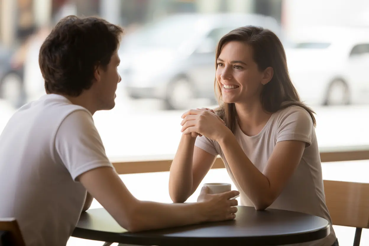Two people having a supportive conversation at a coffee shop, representing a sober companion providing guidance.
