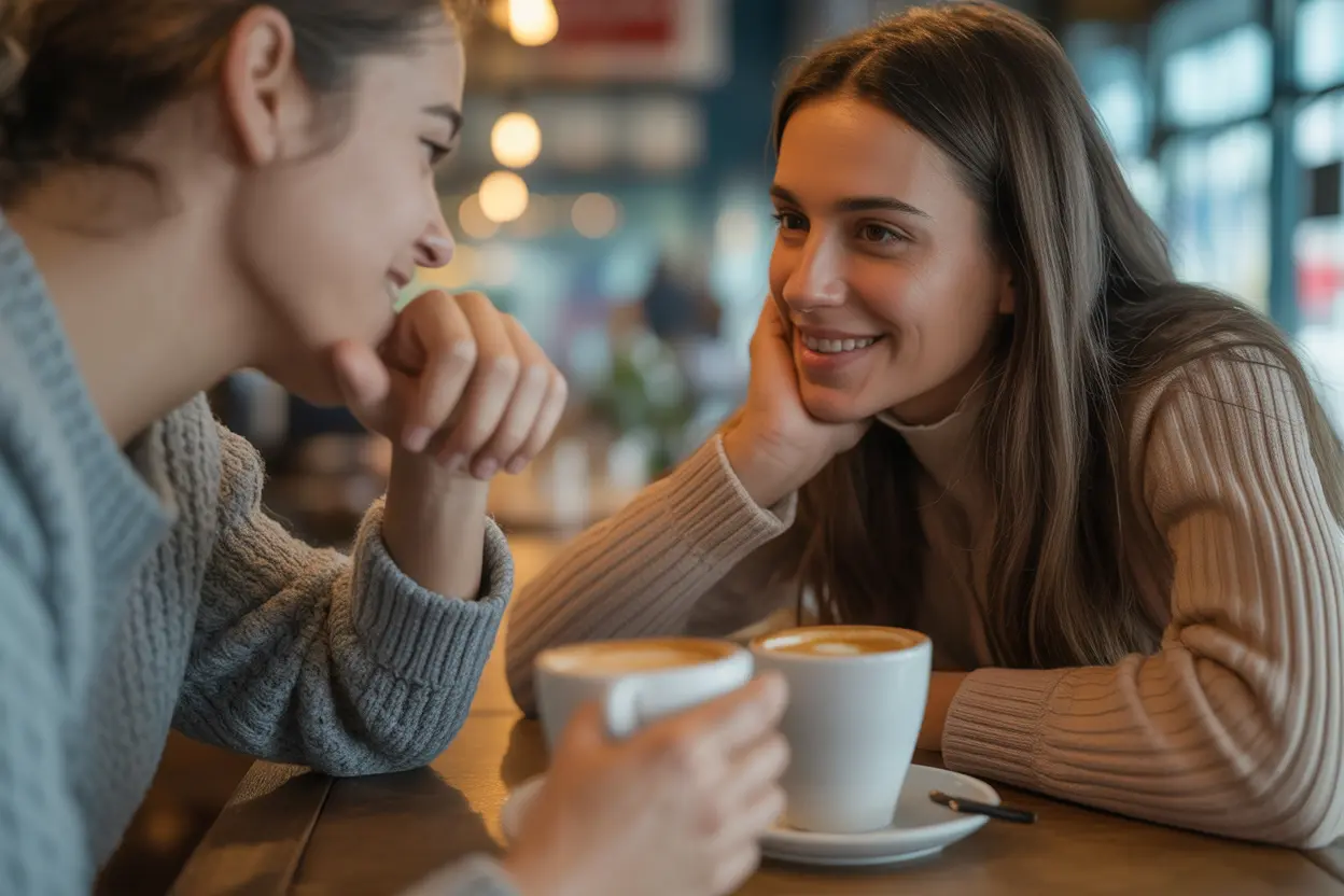 Two friends having a supportive conversation over coffee in a cafe.