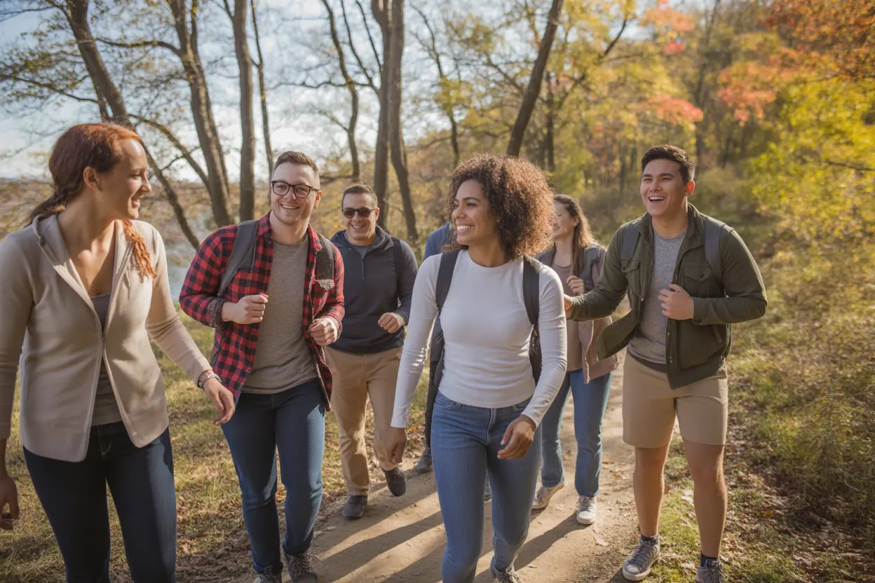A diverse group of people hiking together on a sunny day in an Indiana park.