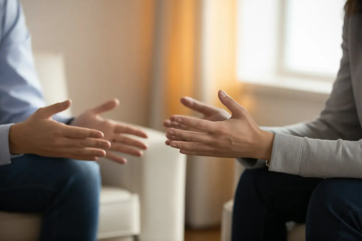 A close-up of two people's hands during a therapy session, conveying collaboration and conversation.