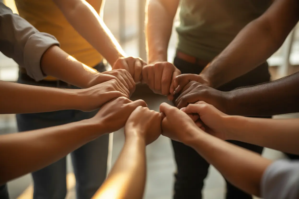 A circle of diverse hands offering mutual support, conveying community and connection.