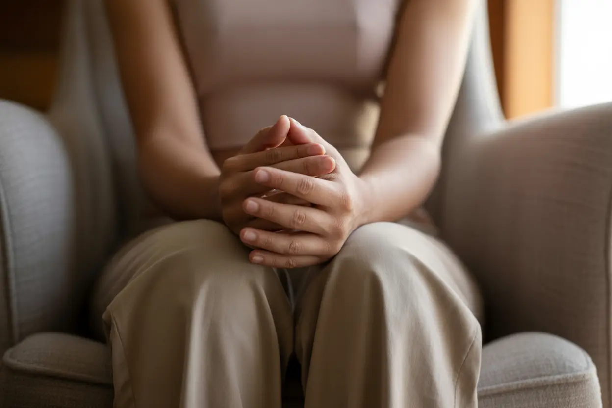 A person's hands resting gently on their knees in a calm, reflective posture.