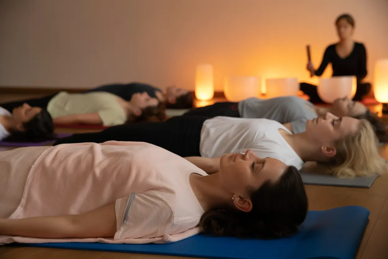 A diverse group of people lying peacefully on yoga mats during a relaxing sound bath session in a dimly lit room.