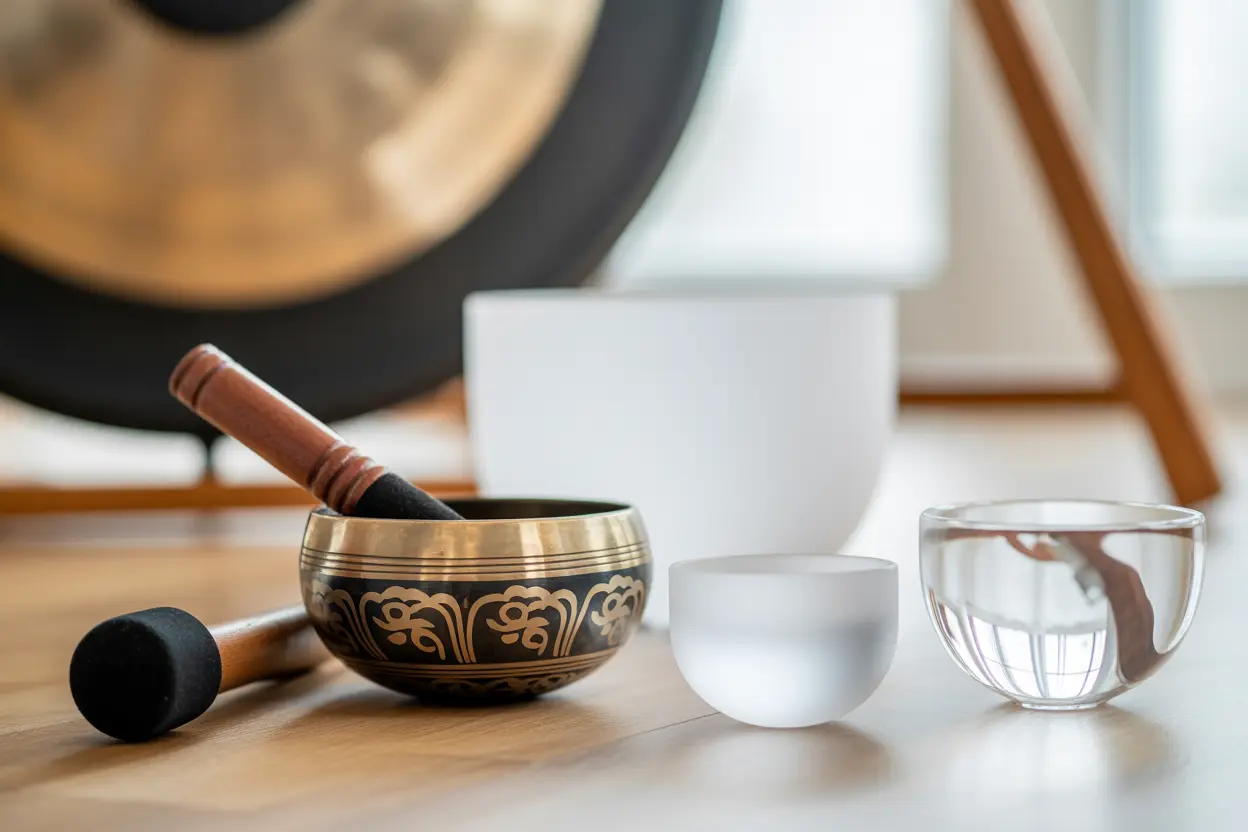 A collection of sound bath instruments, including a Tibetan singing bowl and several crystal bowls, resting on a wooden floor in soft, natural light.
