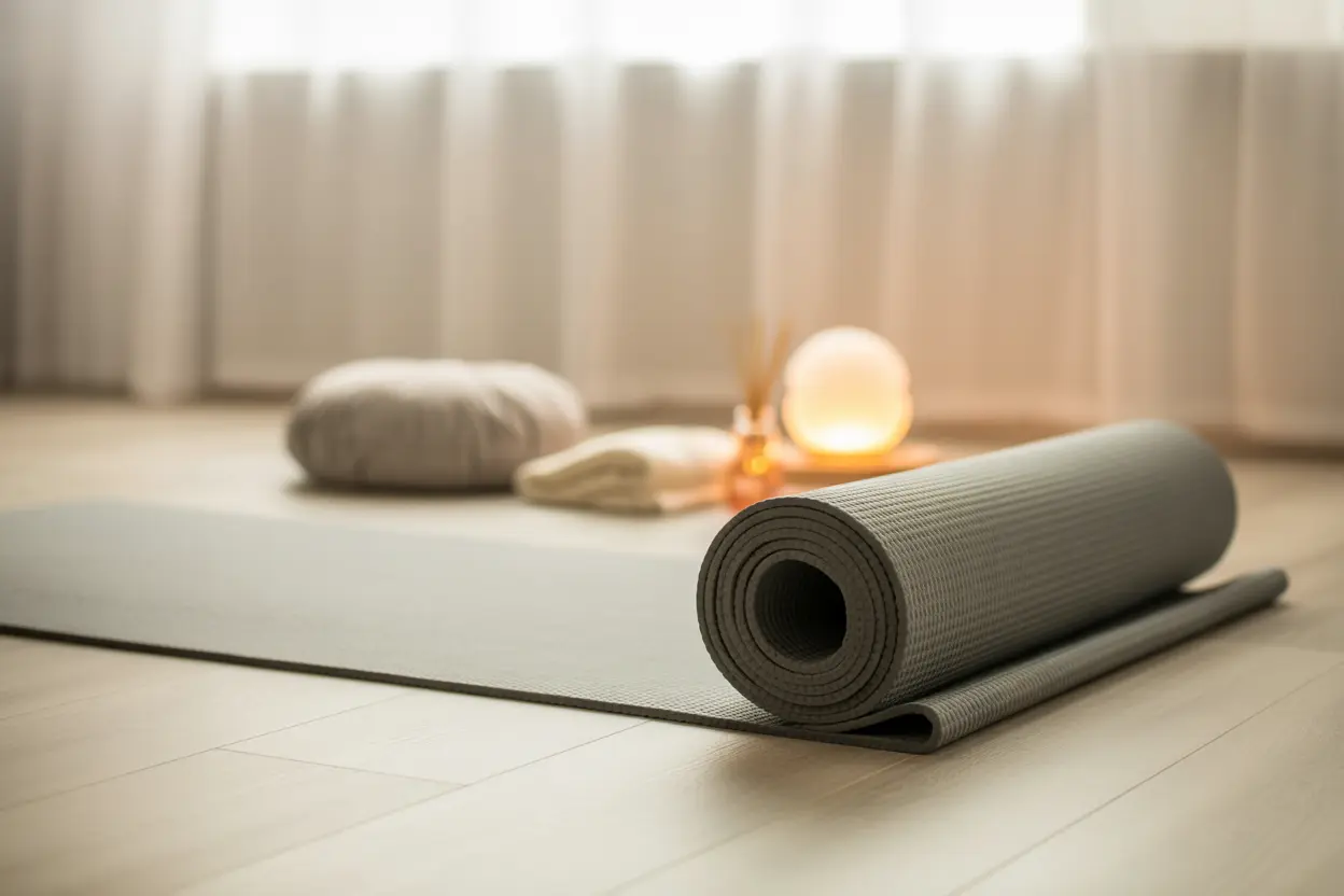 A serene room with a yoga mat and meditation cushion, representing a peaceful space for self-care and recovery.