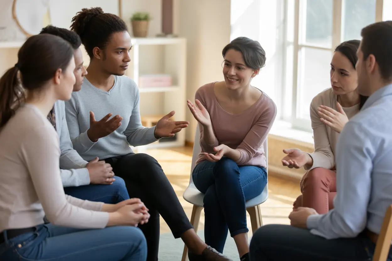 A supportive group therapy session in a sunlit, comfortable room.