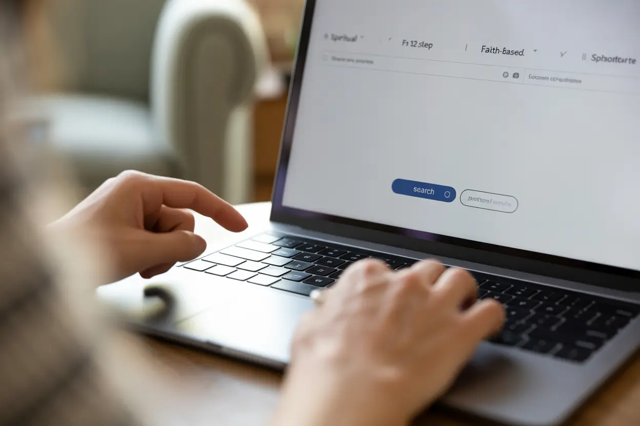 A person using a laptop to search for spiritual rehab centers online, with filter options visible on the screen.