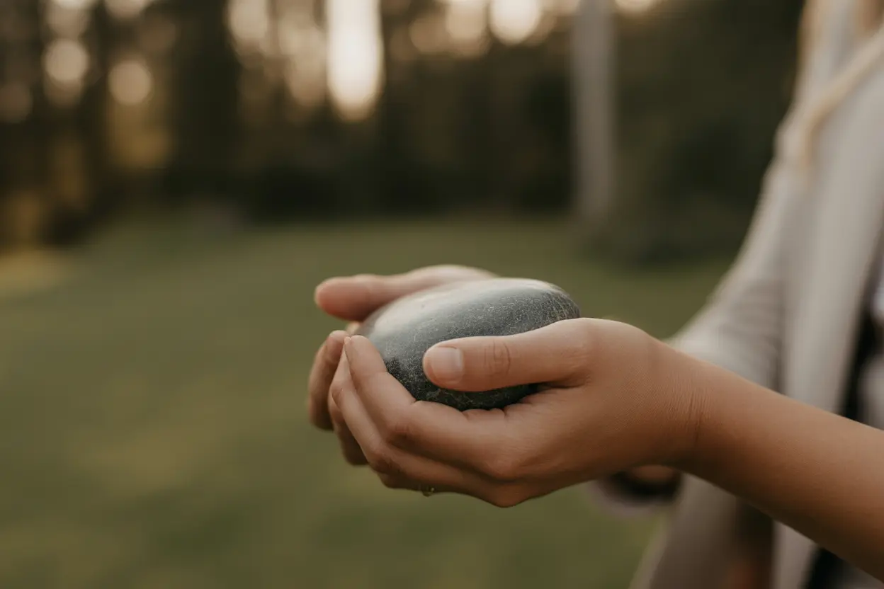 A person's hands holding a smooth stone, symbolizing quiet reflection and grounding.
