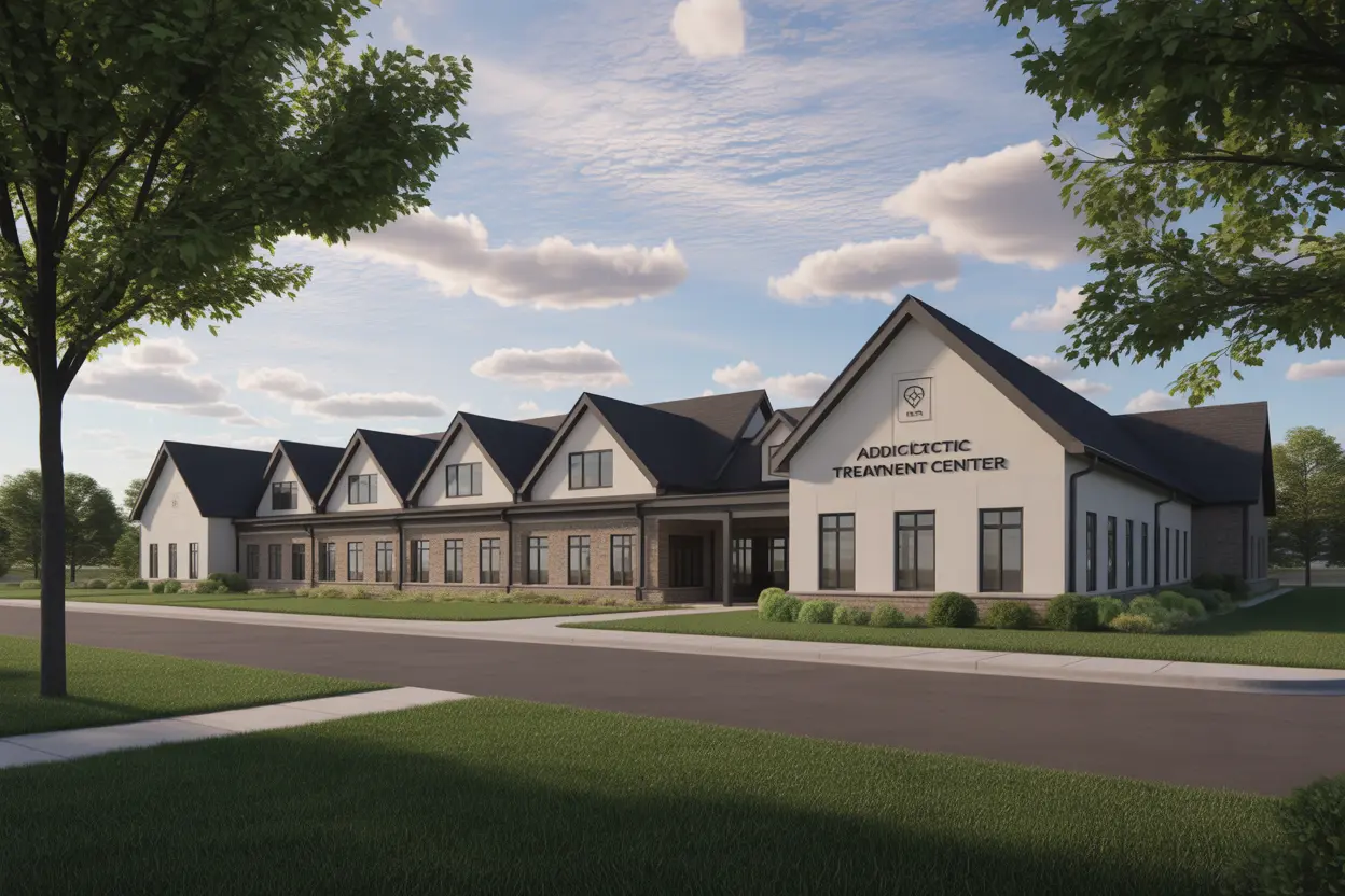 The exterior of a modern and professional rehab center in Indiana on a clear day.