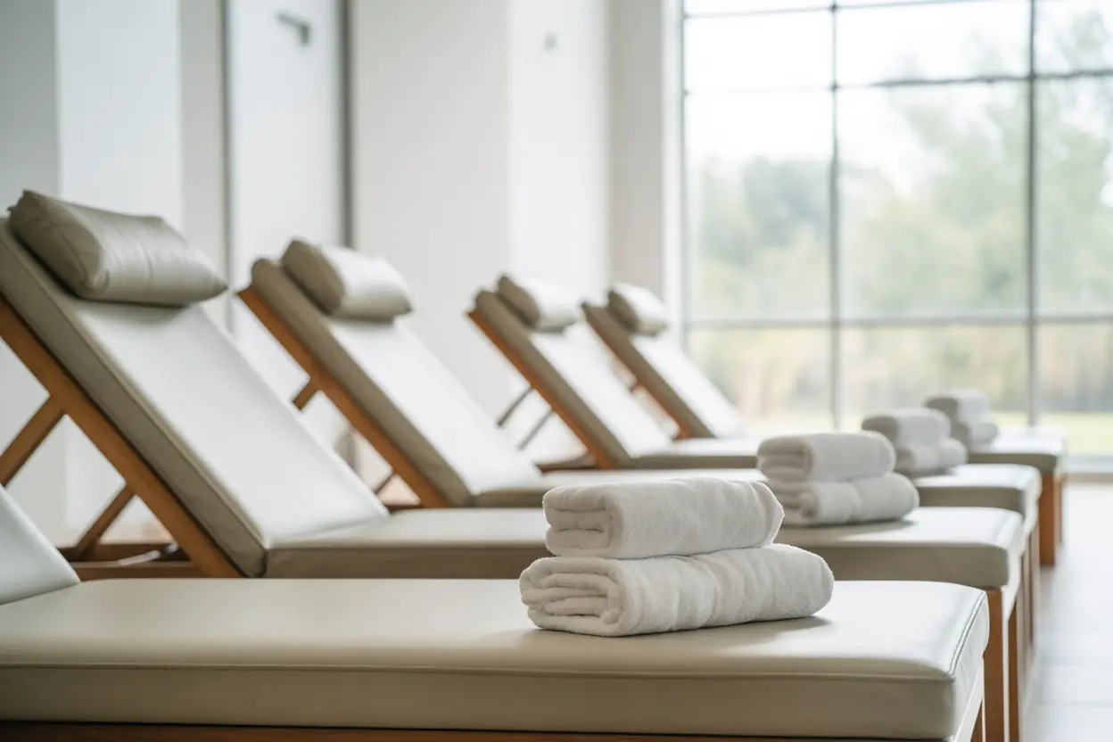 A peaceful relaxation area in a rehab facility with comfortable chairs and natural light.