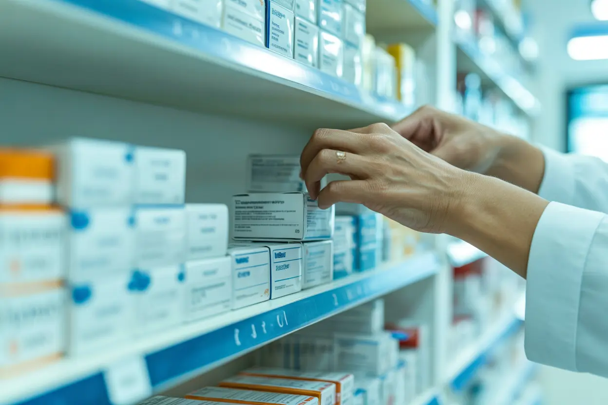 A pharmacist's hands organizing medication boxes, representing the medical nature of steroids.
