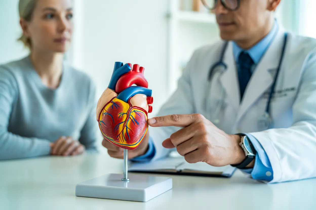 A doctor points to an anatomical heart model, explaining the cardiovascular risks of steroid use to a patient.
