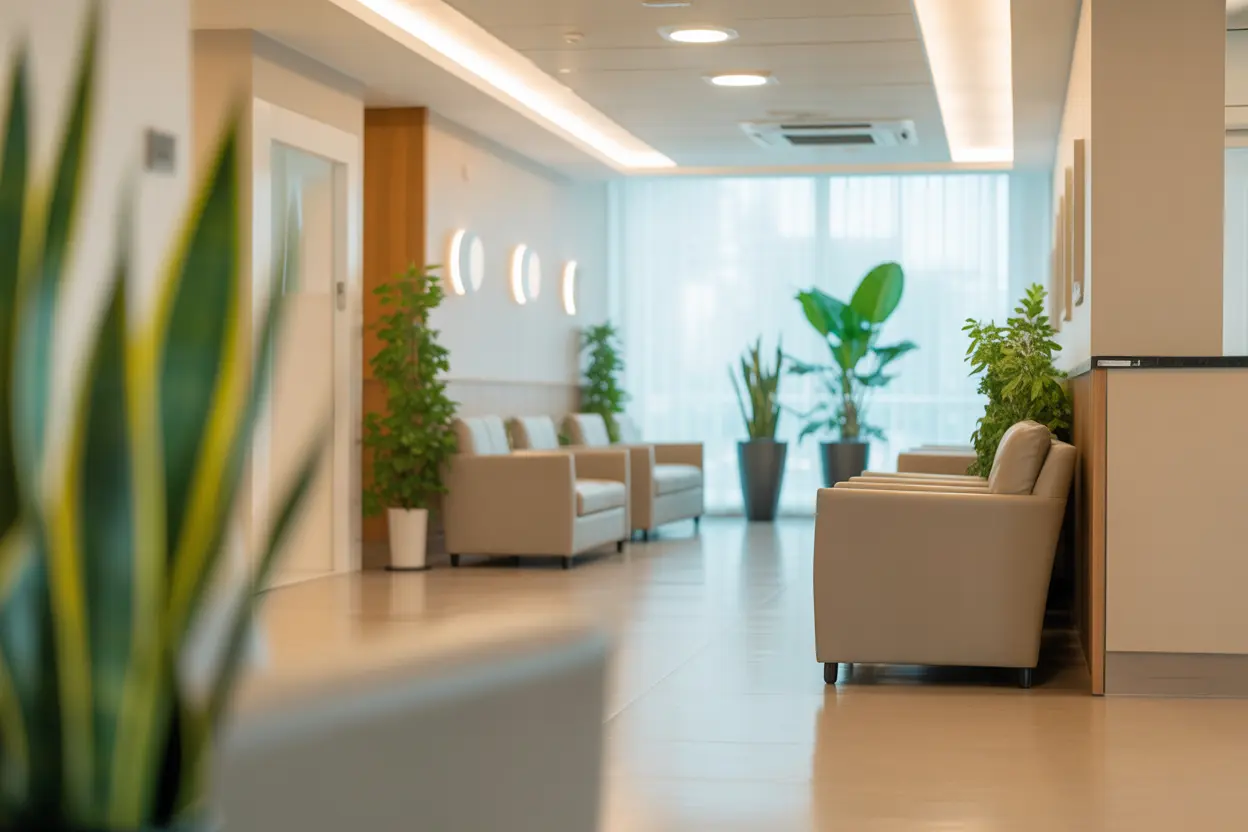 The clean and welcoming reception area of a modern rehab facility in Indiana.