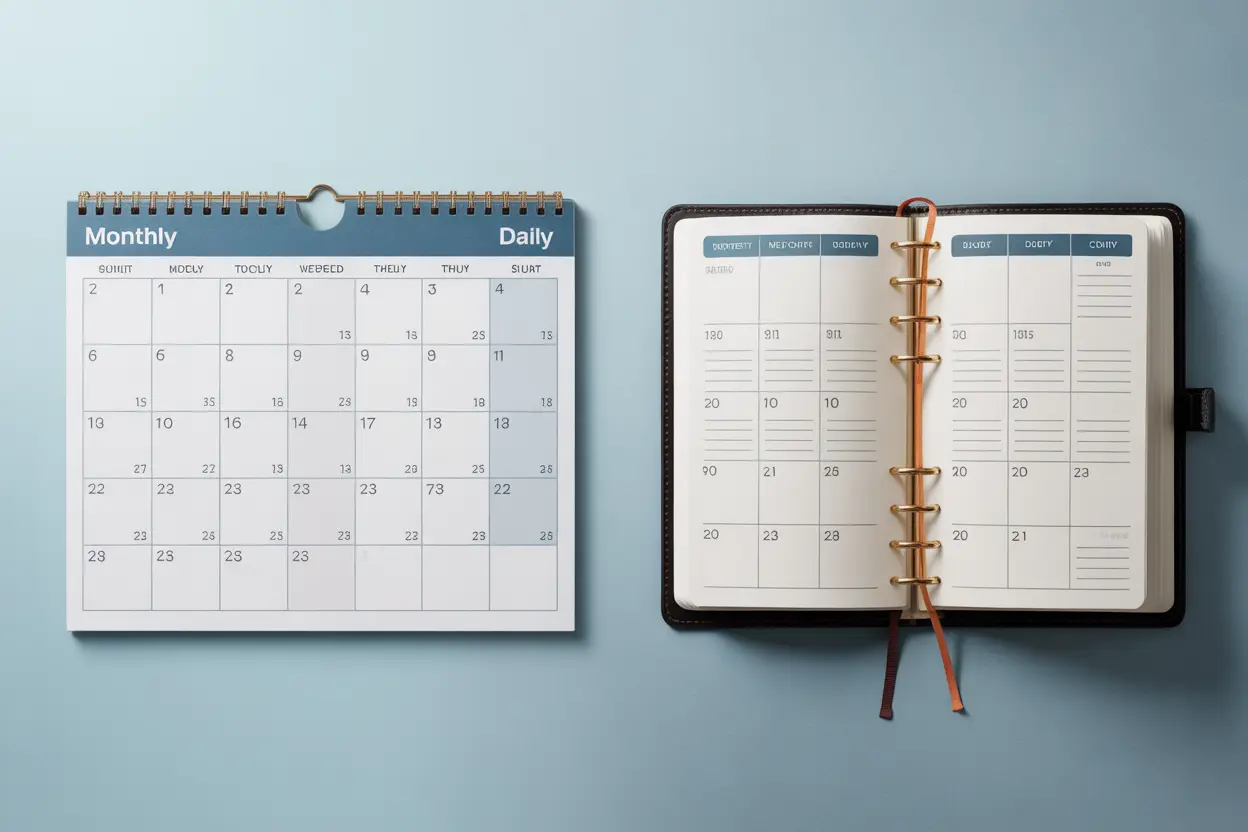 A monthly calendar and a daily planner side-by-side, representing the different dosing schedules of Sublocade and Suboxone.