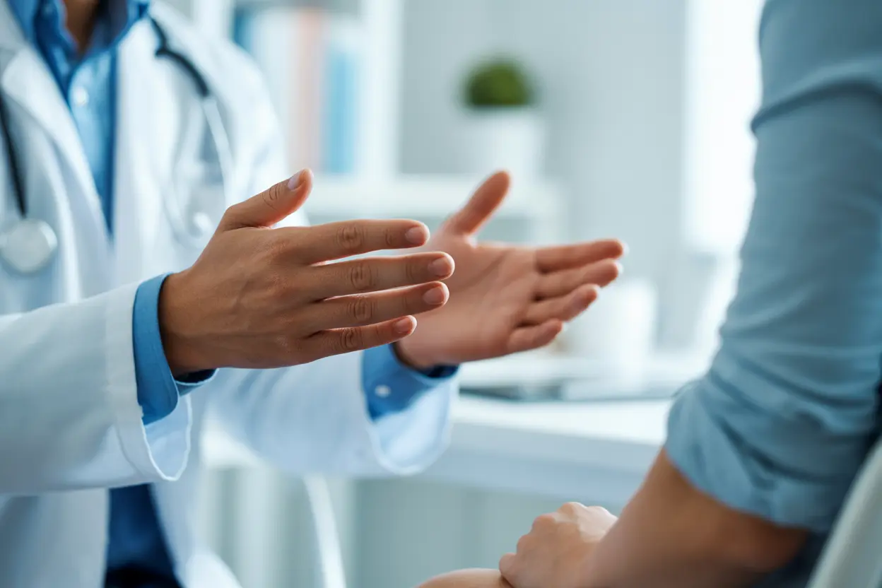 A doctor's hands gesturing caringly, representing professional medical guidance.