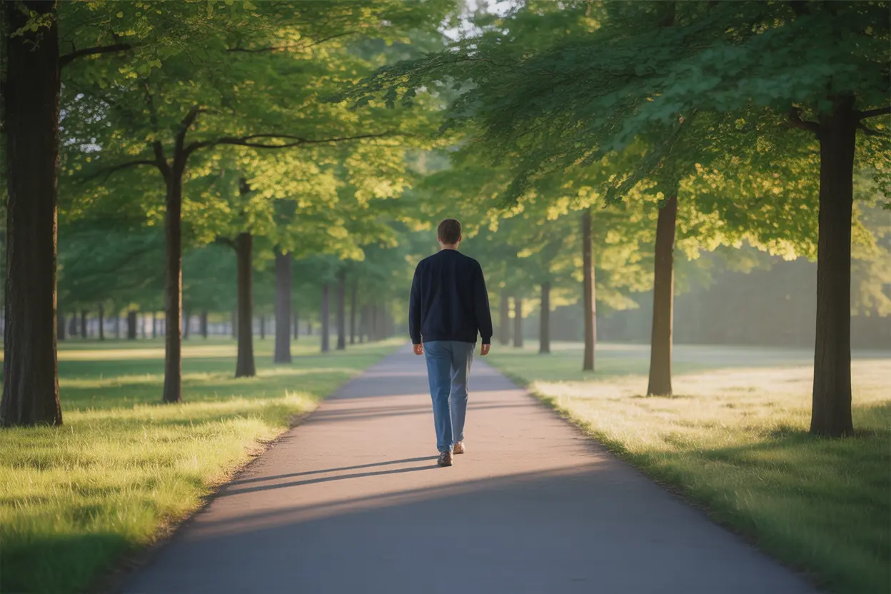 A person walking down a clear path in a sunny park, symbolizing a hopeful journey to recovery.
