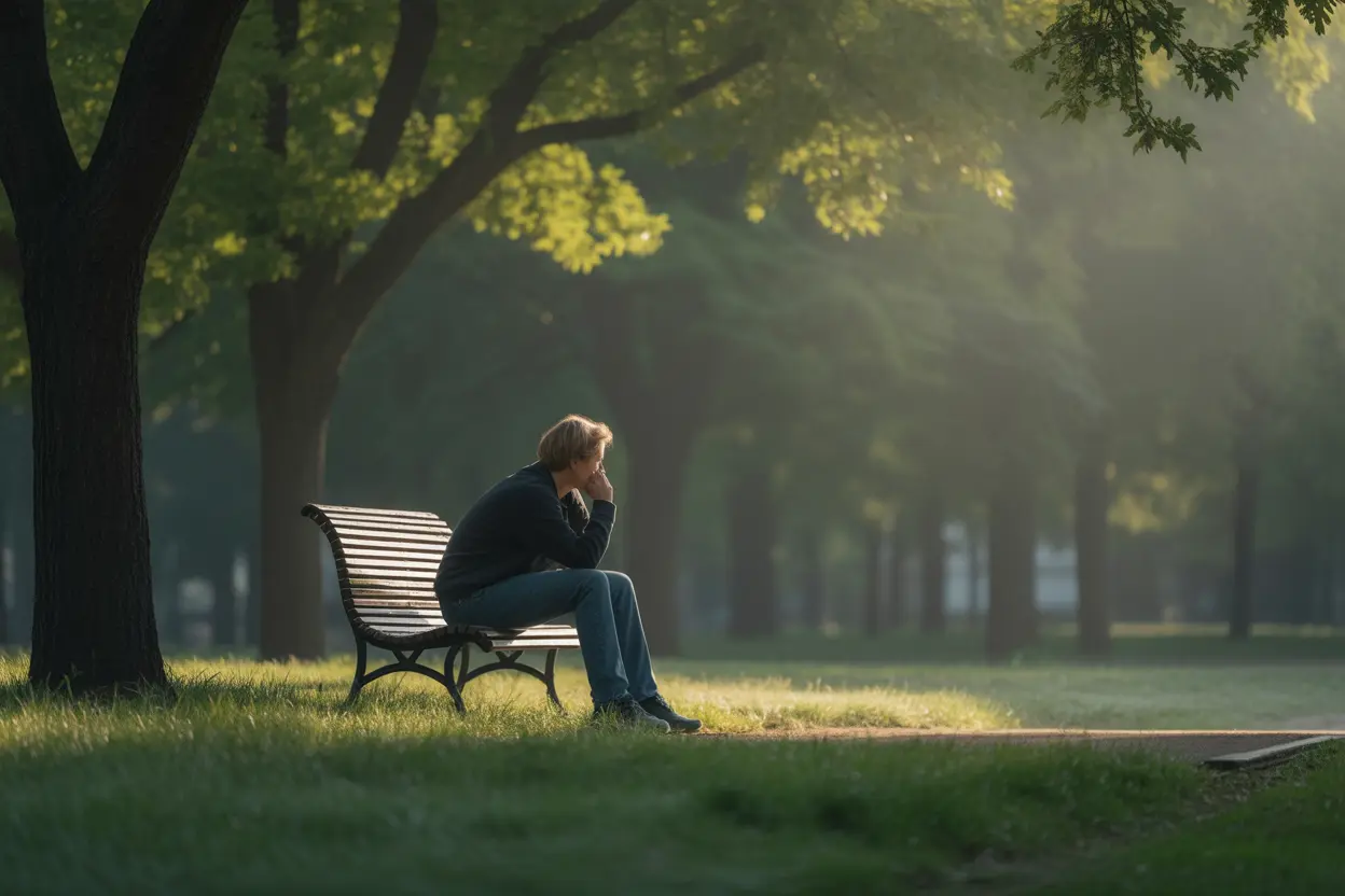 A person sits on a park bench in the early morning, with soft sunlight filtering through the trees, suggesting hope and reflection.