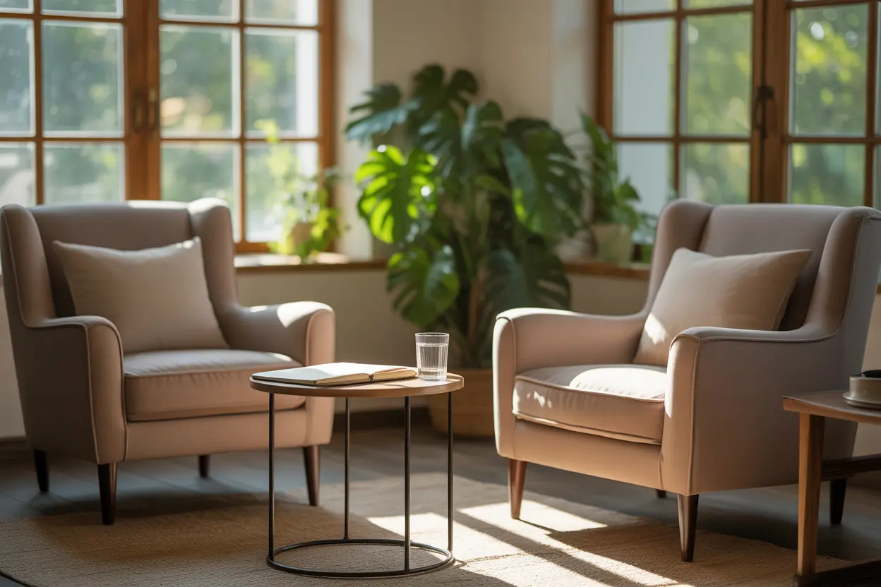 A warm, inviting therapy office with two comfortable chairs, suggesting a safe space for conversation and healing.