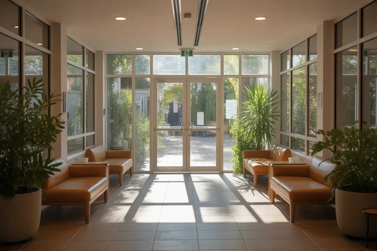 A bright, welcoming entryway of a modern addiction treatment facility in Indiana, symbolizing a first step toward recovery.